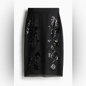 H&M black embellished sequin floral design mesh organza lined midi skirt